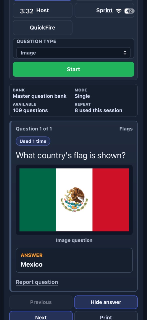 Trivia Generator image-question game showing a flag-identification question and answer.