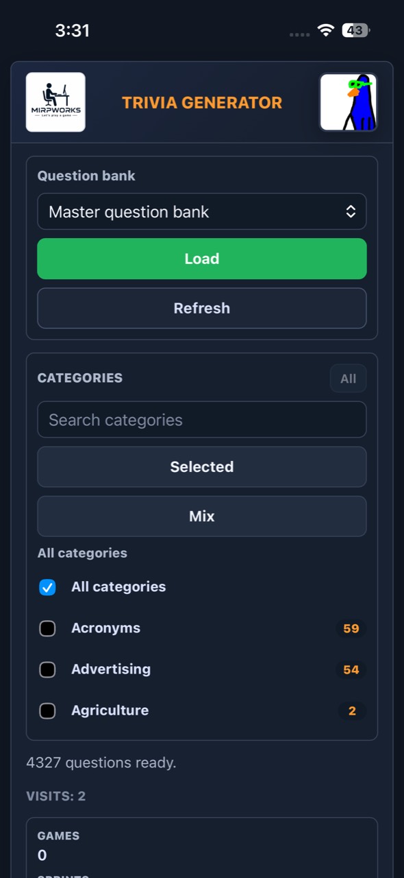 Trivia Generator setup screen with the master question bank, category selection, and game configuration.