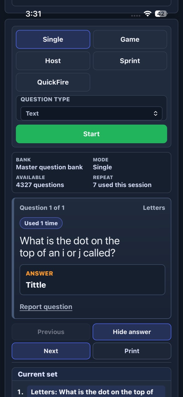 Trivia Generator text-question game showing a question, answer, and game controls.