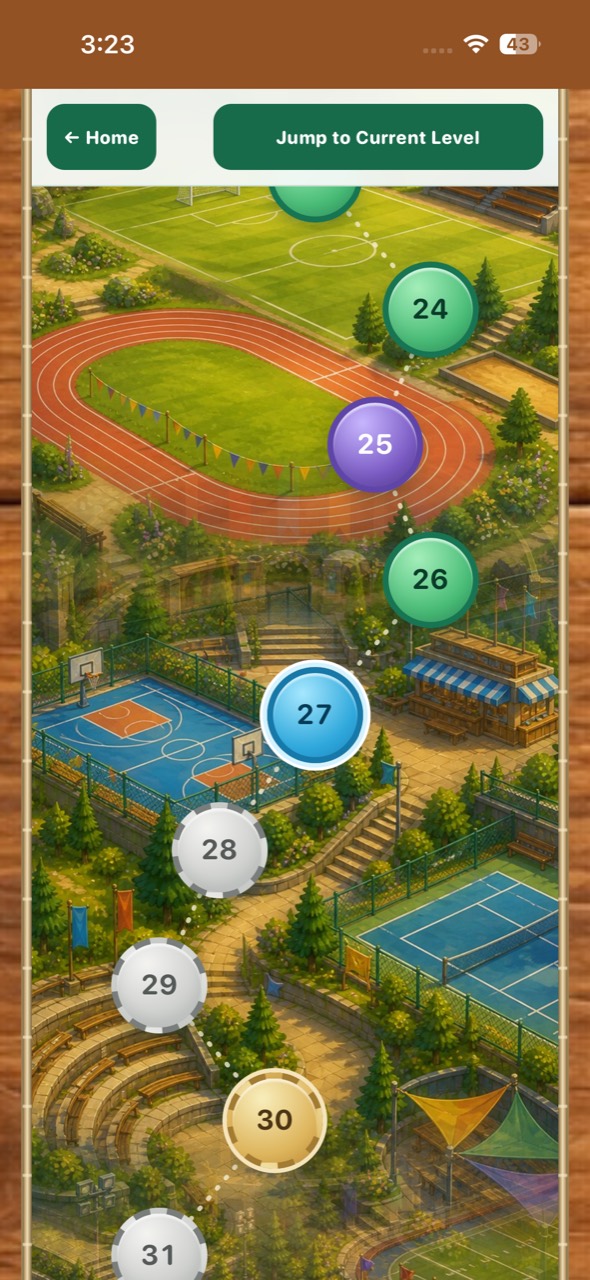 Word Search Adventure Adventure mode level map, showing a path through a colorful park with numbered levels.