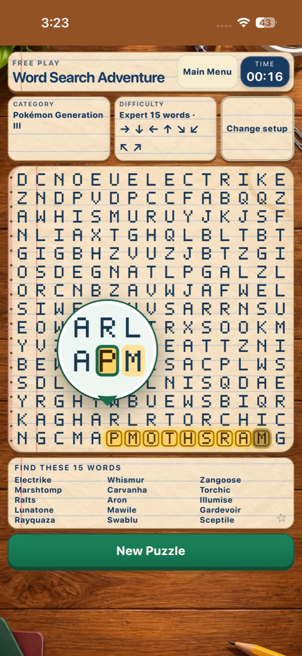 Word Search Adventure free-play puzzle with a letter grid, word list, timer, and found-word highlight.