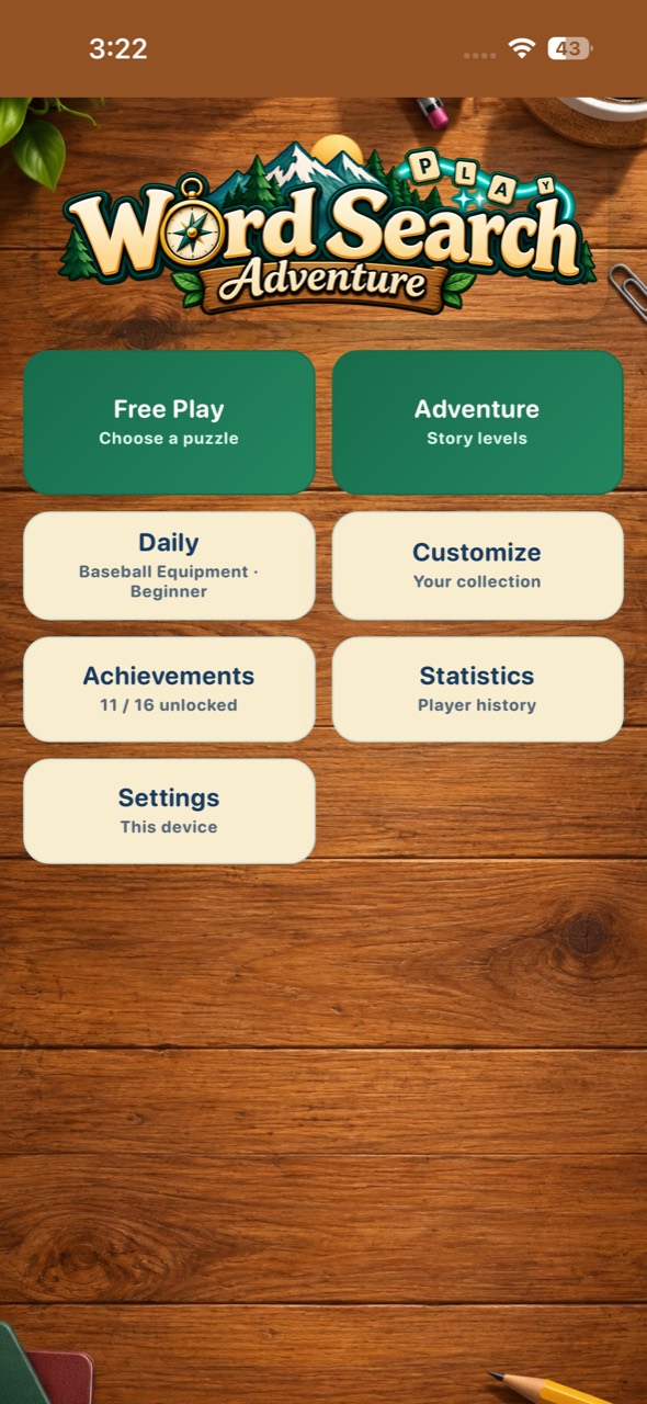 Word Search Adventure main menu with Free Play, Adventure, Daily, Customize, Achievements, Statistics, and Settings.